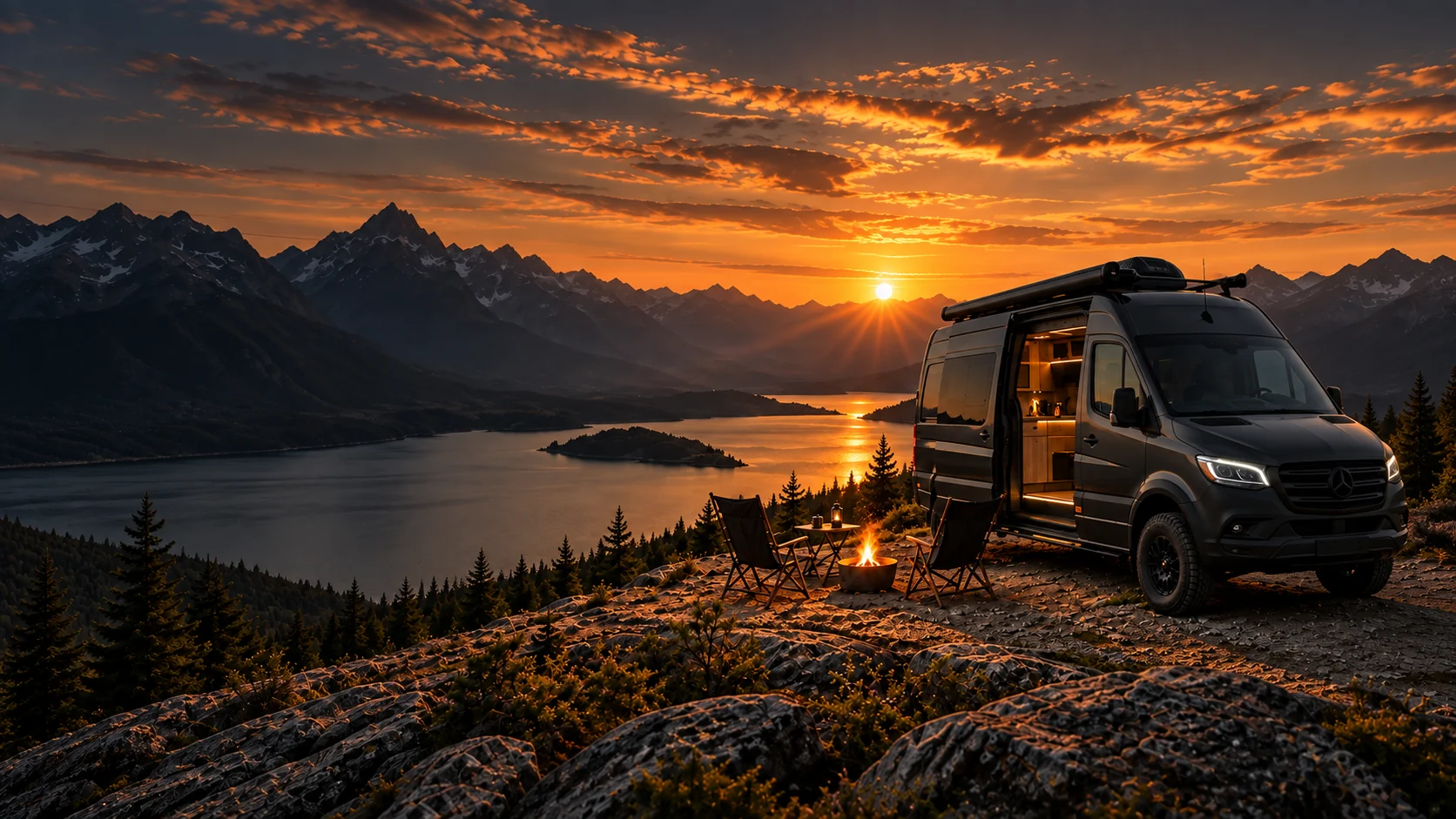 Concept scene with a campervan in full view beside a lake and mountains at sunset